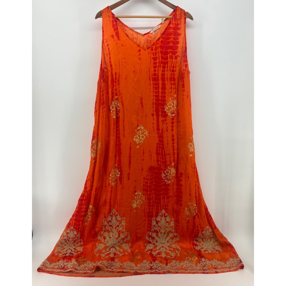 Soft Surroundings Maxi Dress Women 1X Orange Gold Embroidered Sleeveless